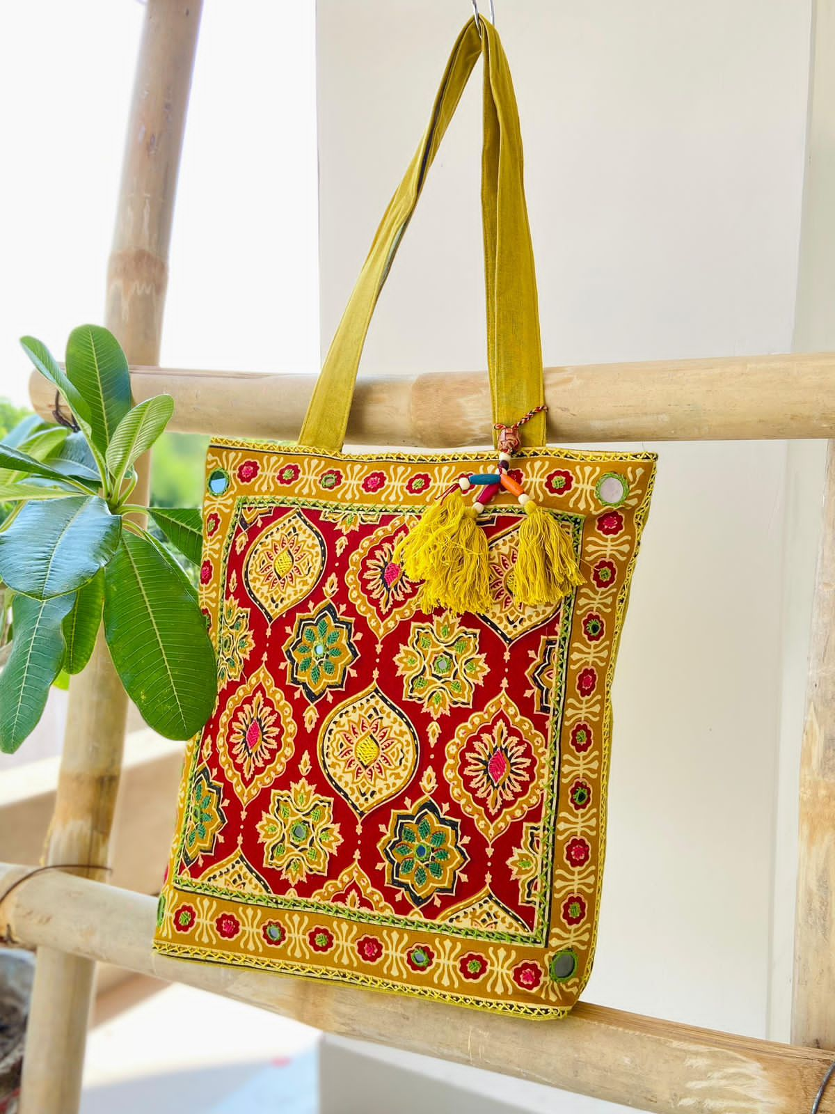 Ajrakh Handbag With Embroidery Mirror Work