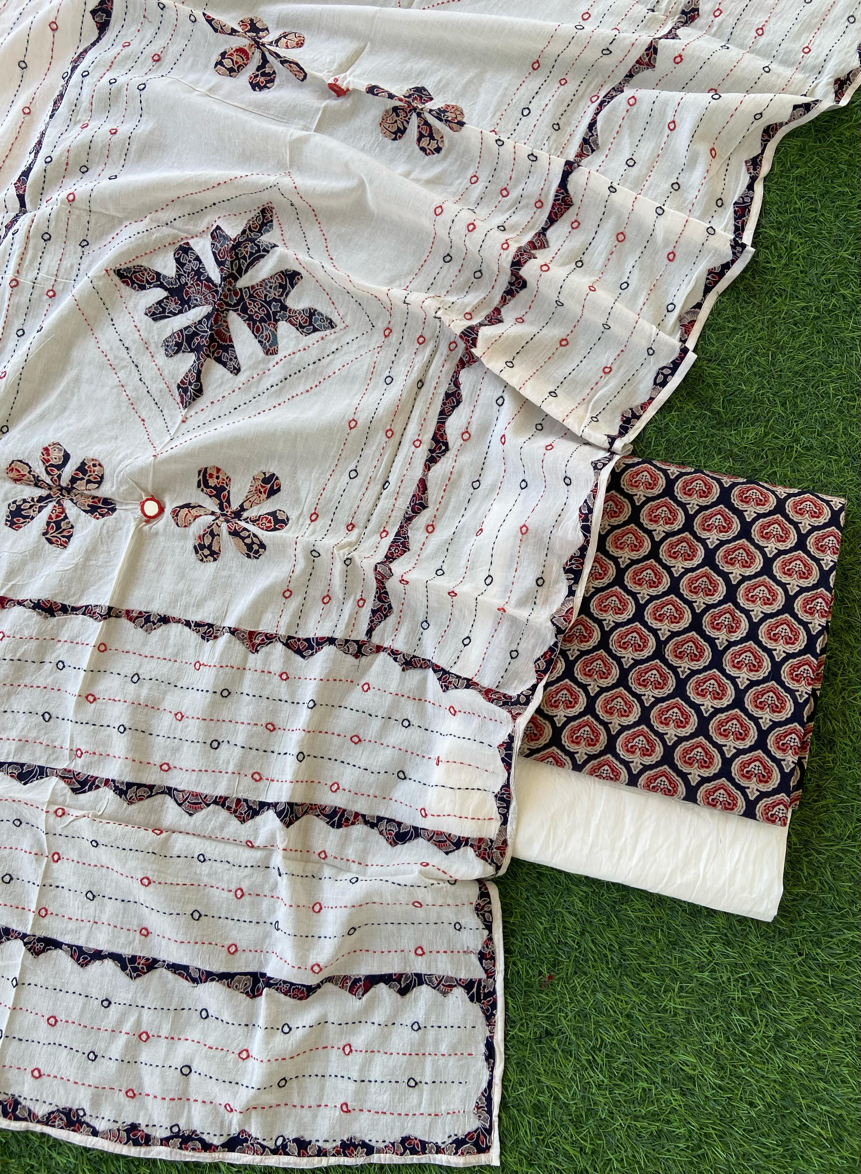 Ajarakh Print Suit with aplique mirror work dupatta