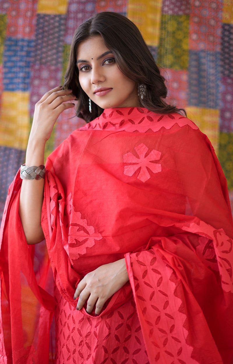 Rajasthani Unstitched Aplique Suits In Red