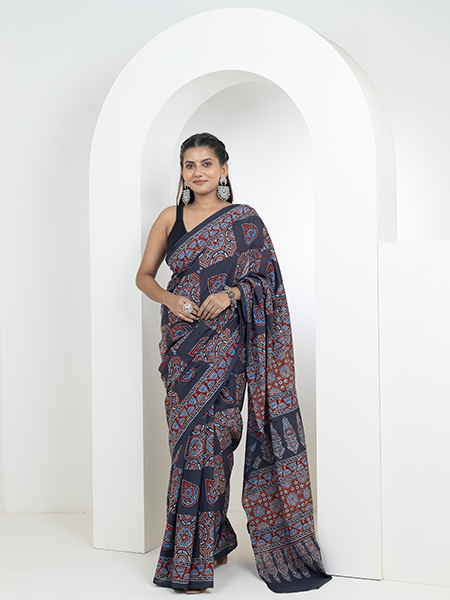 Ajrakh print hand block mulmul cotton saree