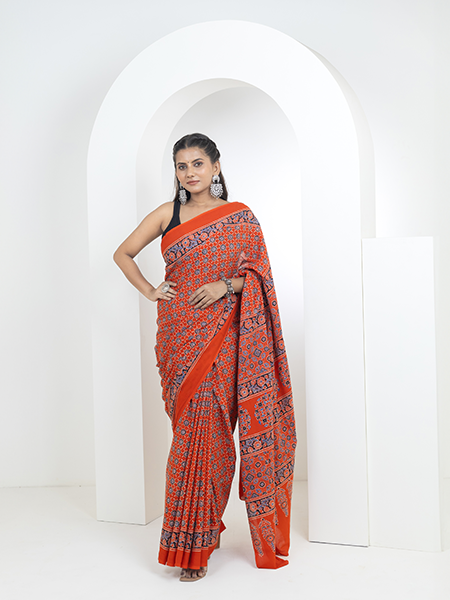 Ajrakh print hand block mulmul cotton saree