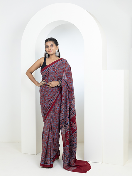 Ajrakh print hand block mulmul cotton saree