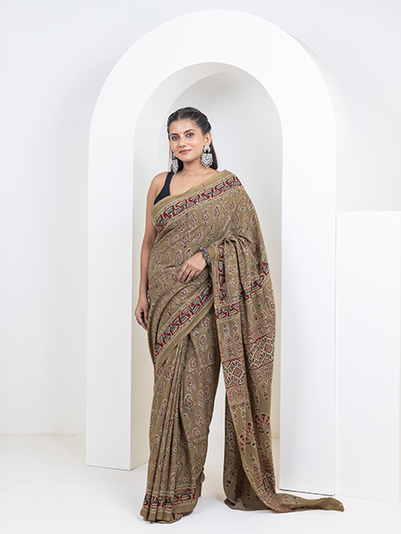 Ajrakh print hand block mulmul cotton saree