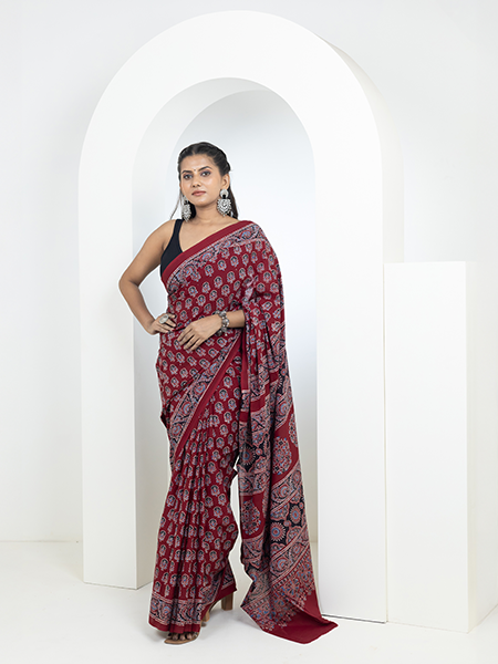 Ajrakh print hand block mulmul cotton saree