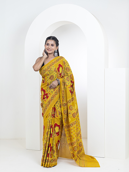 Ajrakh print hand block mulmul cotton saree