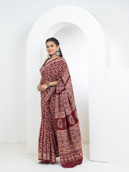 Ajrakh print hand block mulmul cotton saree