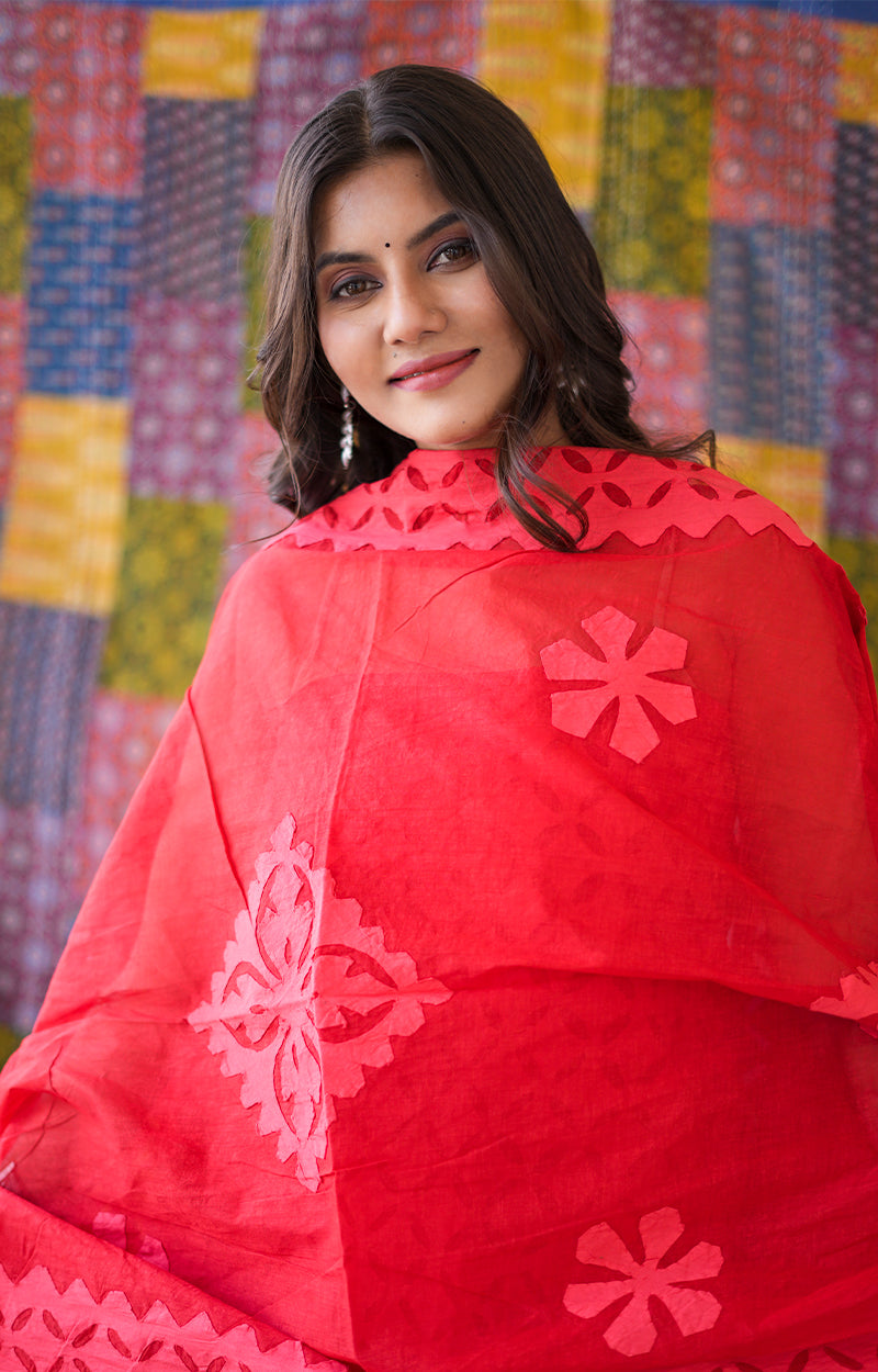 Rajasthani Unstitched Aplique Suits In Red