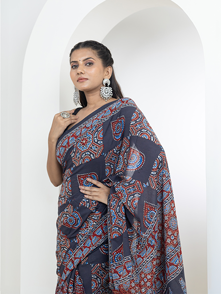 Ajrakh print hand block mulmul cotton saree