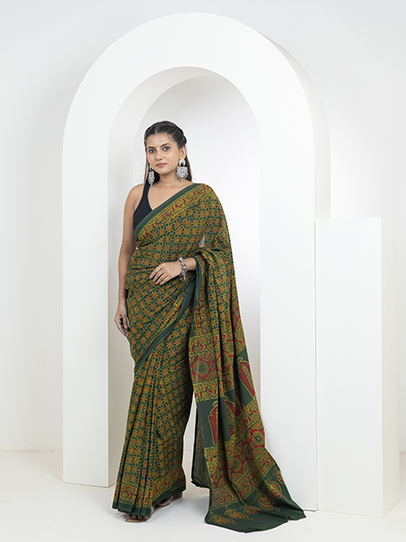 Ajrakh print hand block mulmul cotton saree