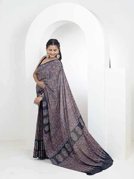 Ajrakh print hand block mulmul cotton saree