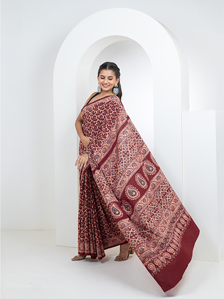 Ajrakh print hand block mulmul cotton saree