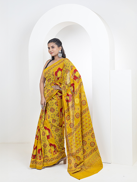 Ajrakh print hand block mulmul cotton saree