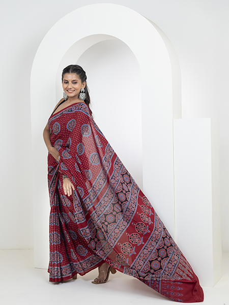 Ajrakh print hand block mulmul cotton saree