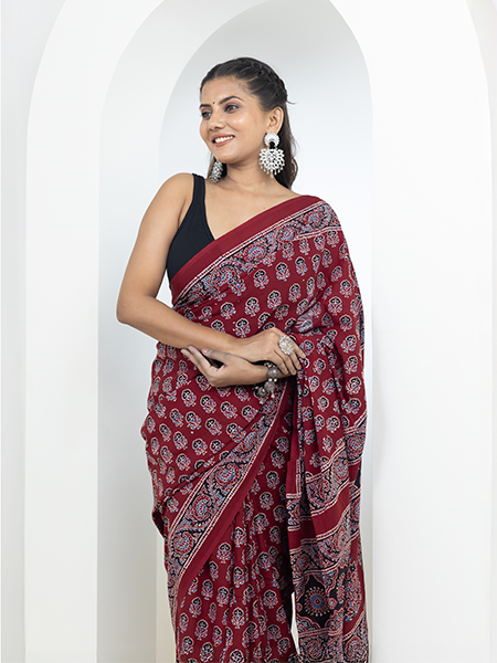 Ajrakh print hand block mulmul cotton saree