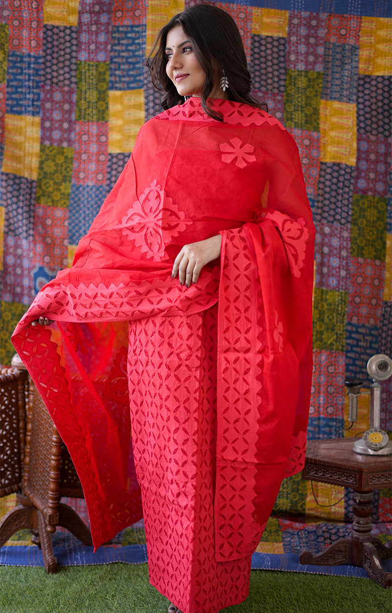 Rajasthani Unstitched Aplique Suits In Red