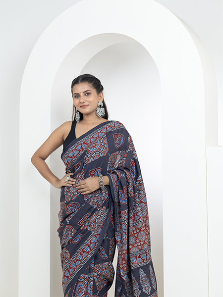 Ajrakh print hand block mulmul cotton saree