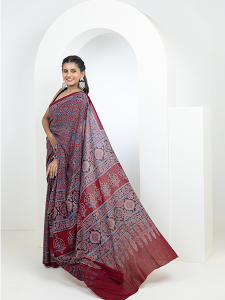 Ajrakh print hand block mulmul cotton saree