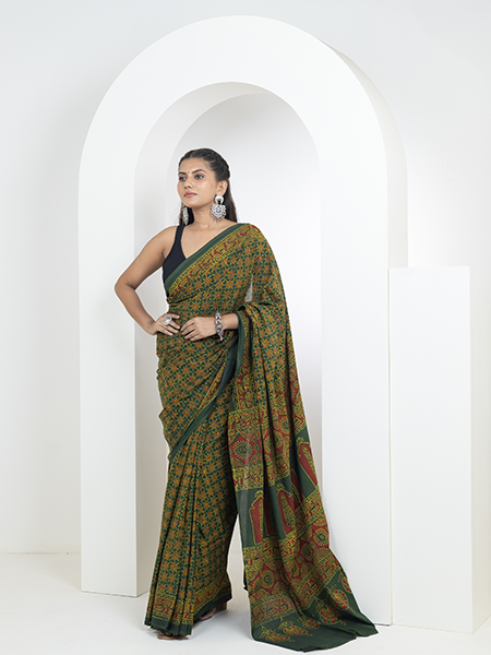 Ajrakh print hand block mulmul cotton saree