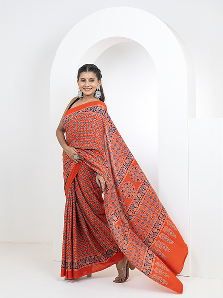 Ajrakh print hand block mulmul cotton saree