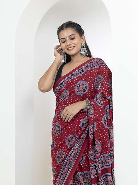 Ajrakh print hand block mulmul cotton saree