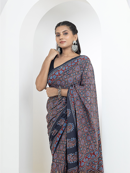 Ajrakh print hand block mulmul cotton saree