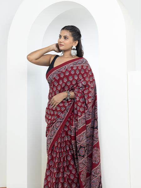 Ajrakh print hand block mulmul cotton saree