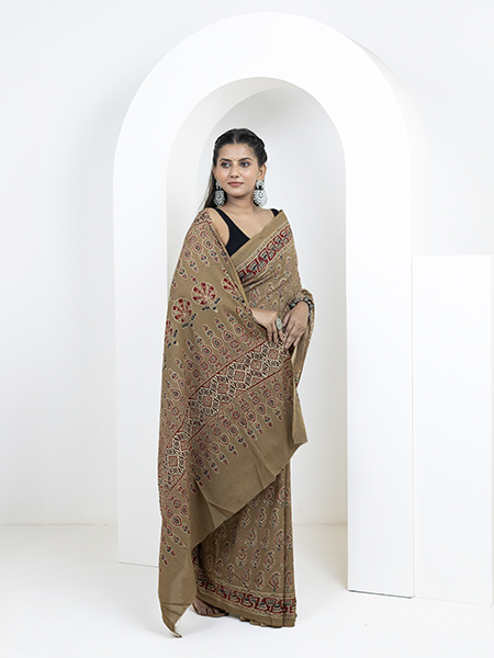 Ajrakh print hand block mulmul cotton saree