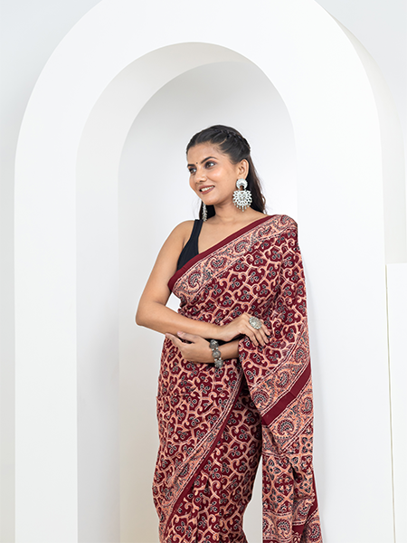 Ajrakh print hand block mulmul cotton saree