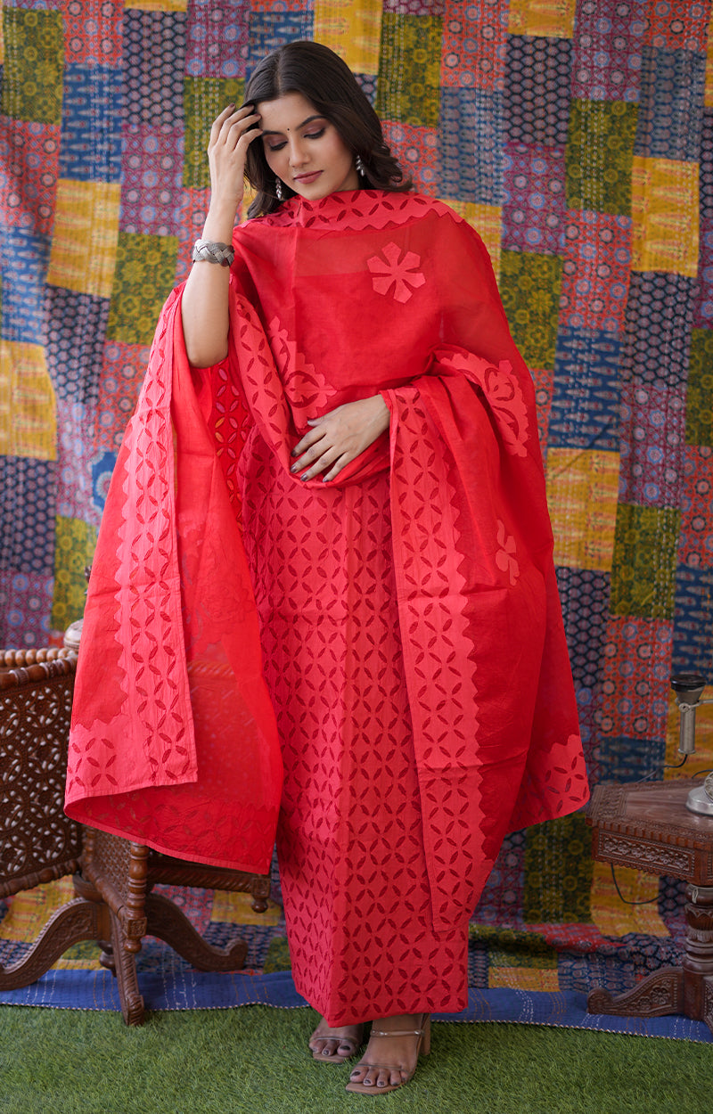 Rajasthani Unstitched Aplique Suits In Red