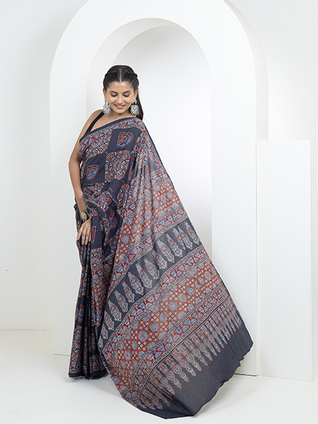 Ajrakh print hand block mulmul cotton saree