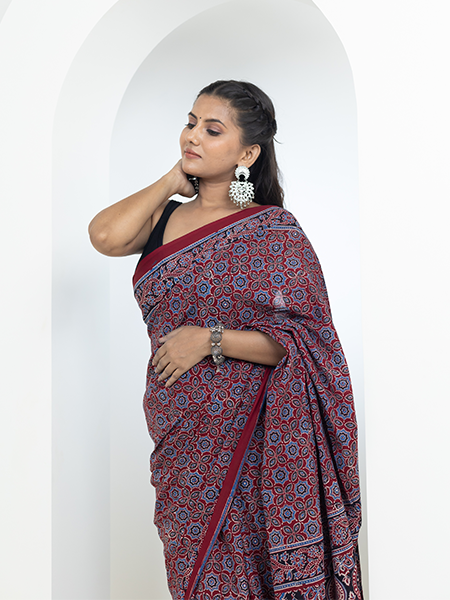 Ajrakh print hand block mulmul cotton saree