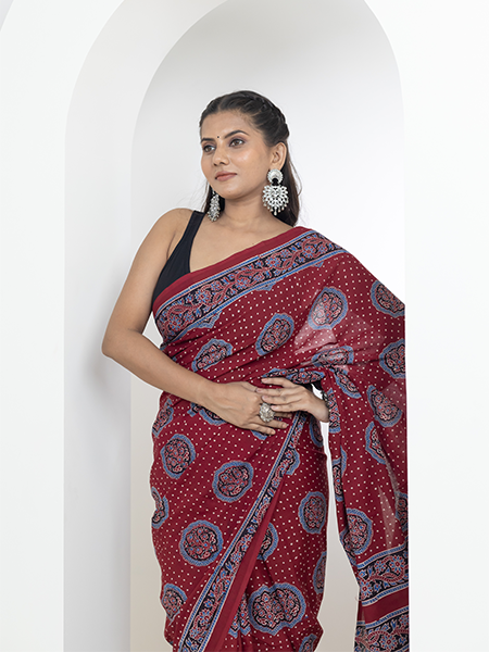 Ajrakh print hand block mulmul cotton saree