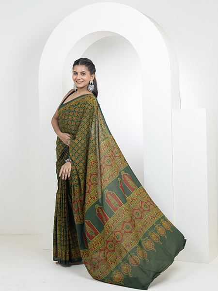 Ajrakh print hand block mulmul cotton saree