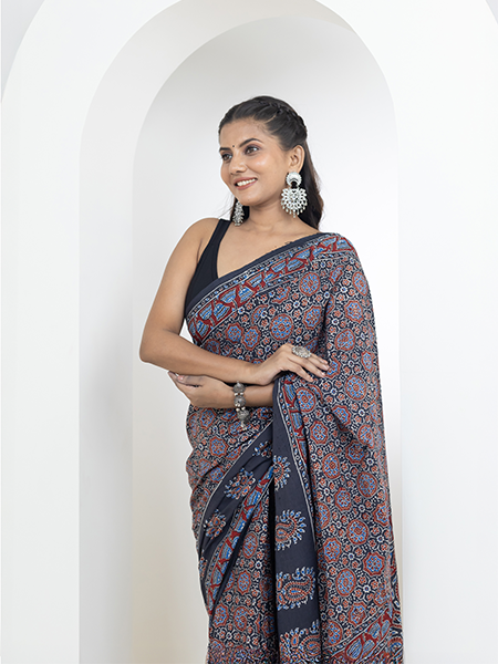 Ajrakh print hand block mulmul cotton saree