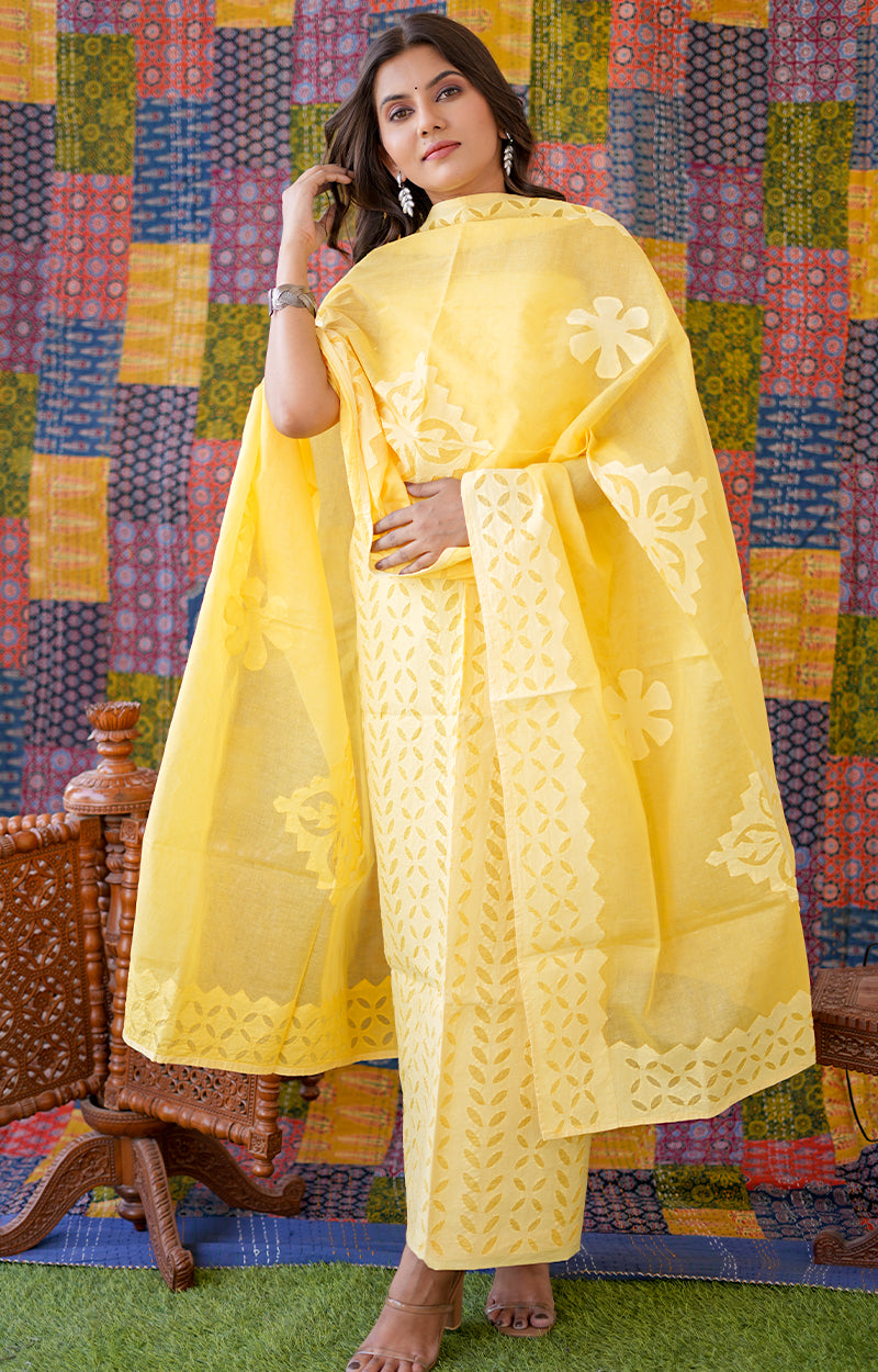 Rajasthani Unstitched Aplique Suits in Yellow