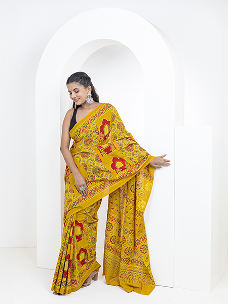 Ajrakh print hand block mulmul cotton saree