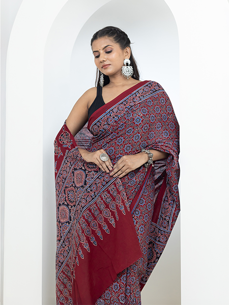 Ajrakh print hand block mulmul cotton saree