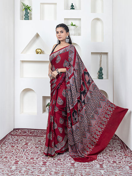 Ajrakh print hand block modhal shatin saree