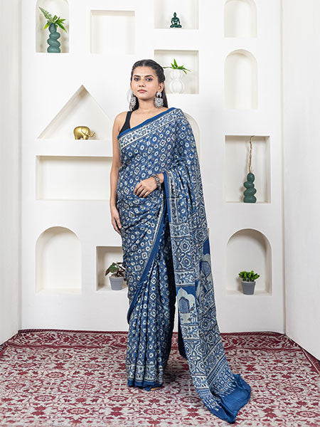 Ajrakh print hand block modhal shatin saree