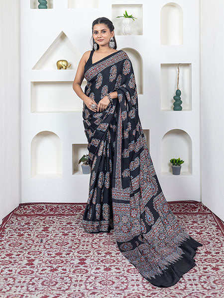 Ajrakh print hand block modhal shatin saree