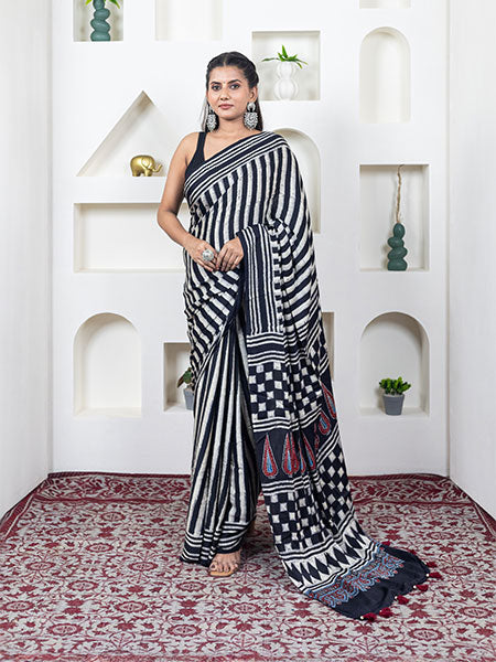 Ajrakh print hand block modhal shatin saree