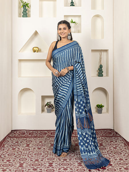 Ajrakh print hand block modhal shatin saree