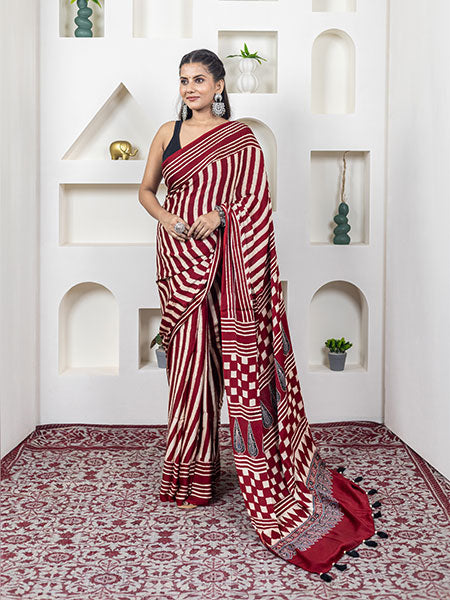 Ajrakh print hand block modhal shatin saree