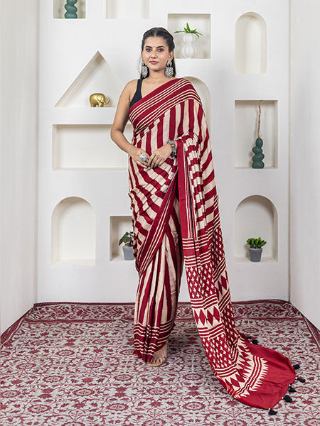 Ajrakh print hand block modhal shatin saree