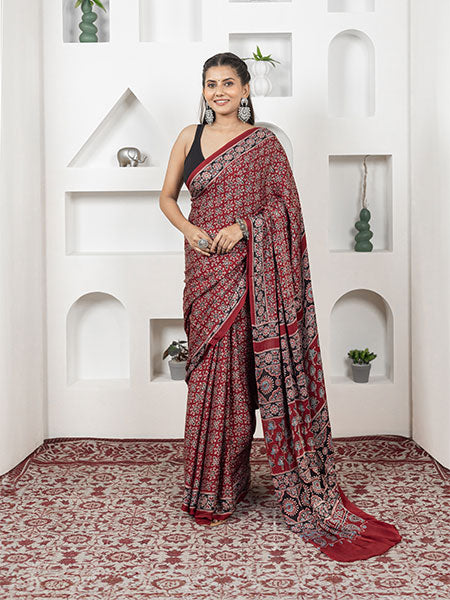 Ajrakh print hand block modhal shatin saree