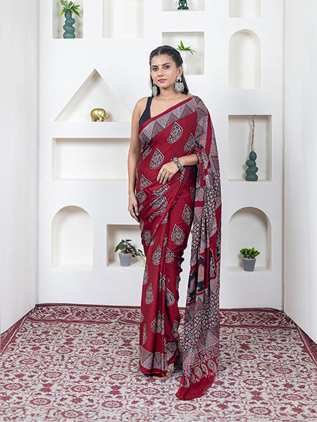 Ajrakh print hand block modhal shatin saree