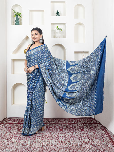 Ajrakh print hand block modhal shatin saree