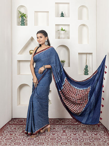 Ajrakh print hand block modhal shatin saree