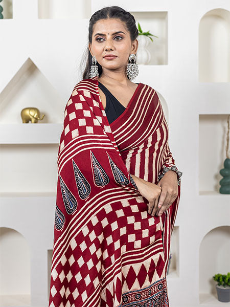 Ajrakh print hand block modhal shatin saree