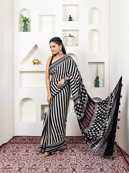 Ajrakh print hand block modhal shatin saree